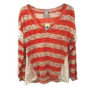 Brand New American Rag Women’s M Burnout Sweater Coral Cream Striped with Lace
